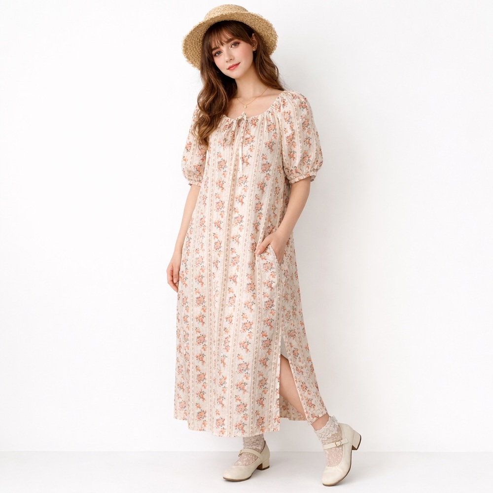 A Loves A Tie Scoop Neck Puff Sleeve Vtg Floral Midi Dress Cottage Coquette L